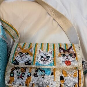 Beaded Cat Crossbody Bag - White/Tan